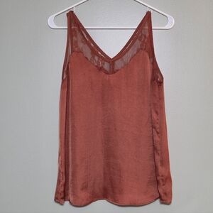 Orange Silky V-Neck Blouse With Lace Neckline In Front And Back Size Med